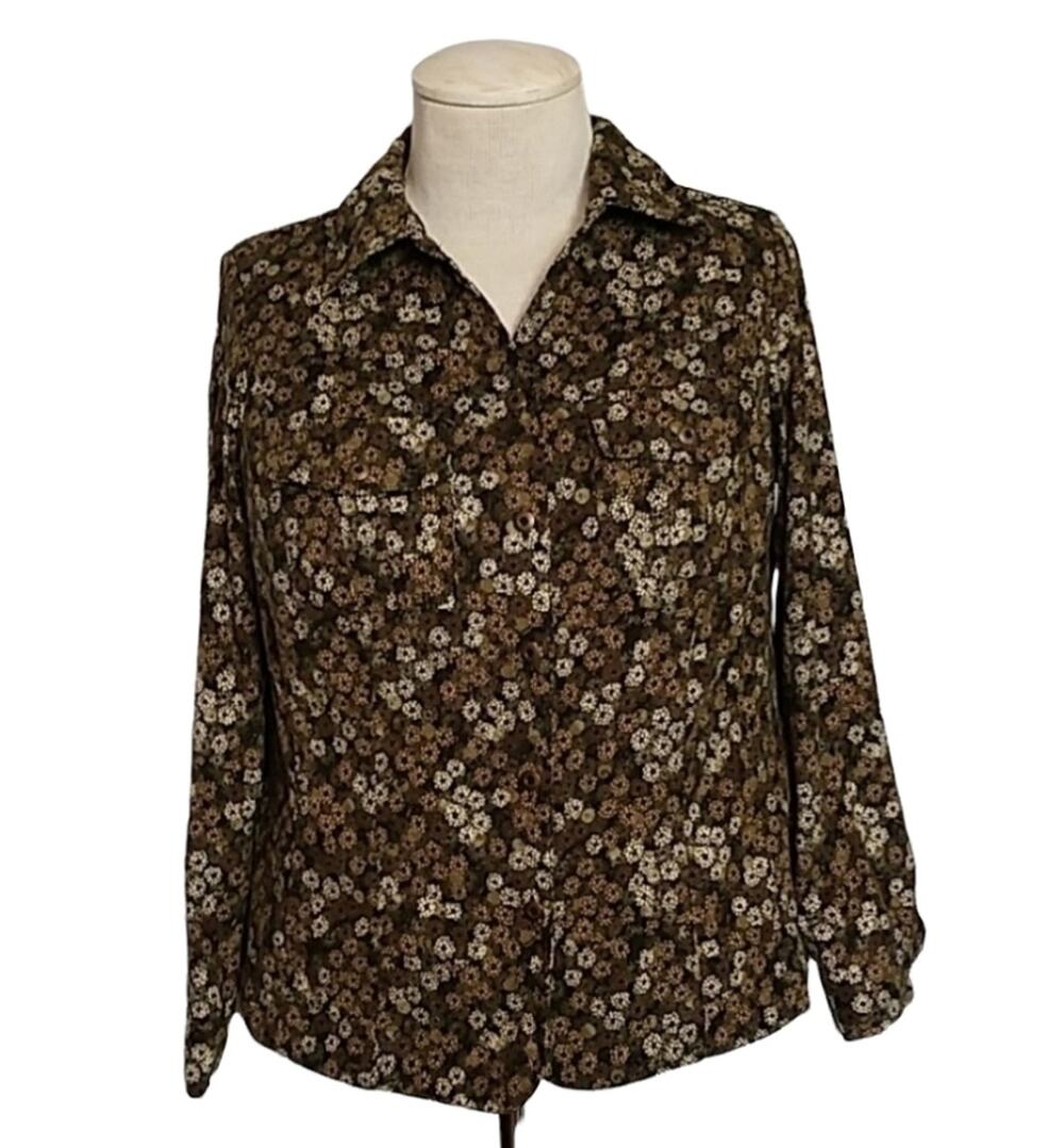 Cj Banks Size X (XL) Brown Twill Button Up Floral Blouse